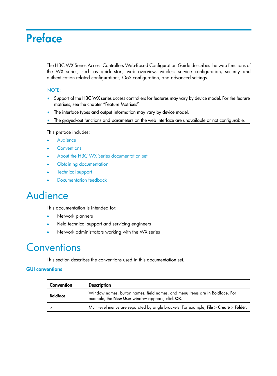 Preface, Audience, Conventions | Gui conventions | H3C Technologies H3C WX3000E Series Wireless Switches User Manual | Page 3 / 640