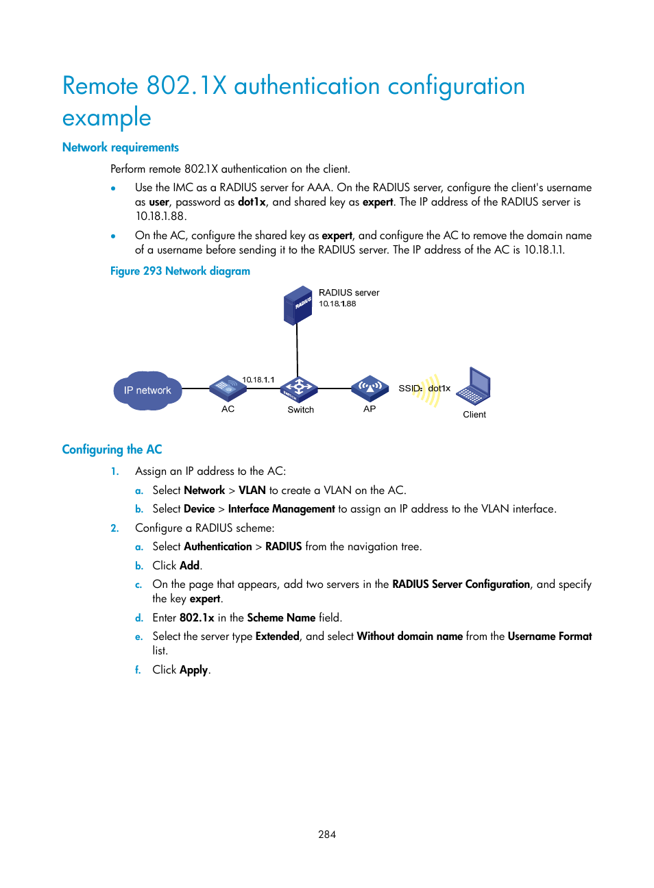 Remote 802.1x authentication configuration example, Network requirements, Configuring the ac | H3C Technologies H3C WX3000E Series Wireless Switches User Manual | Page 300 / 640