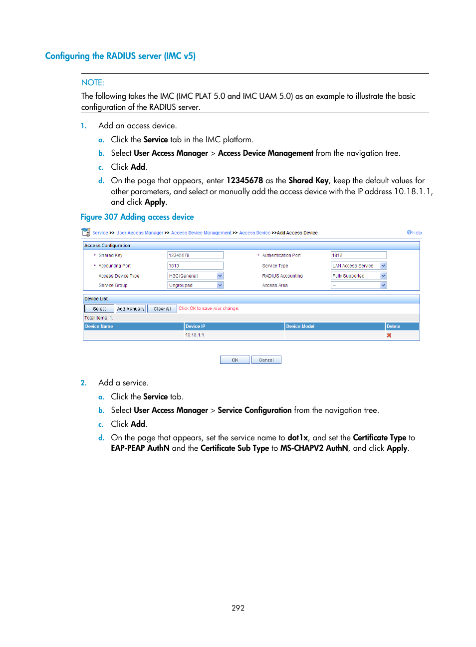 Configuring the radius server (imc v5) | H3C Technologies H3C WX3000E Series Wireless Switches User Manual | Page 308 / 640