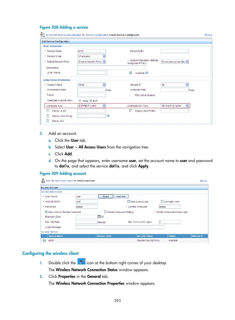 Configuring the wireless client | H3C Technologies H3C WX3000E Series Wireless Switches User Manual | Page 309 / 640