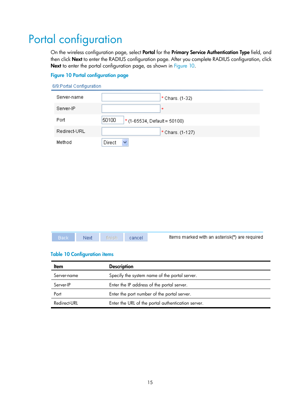 Portal configuration | H3C Technologies H3C WX3000E Series Wireless Switches User Manual | Page 31 / 640