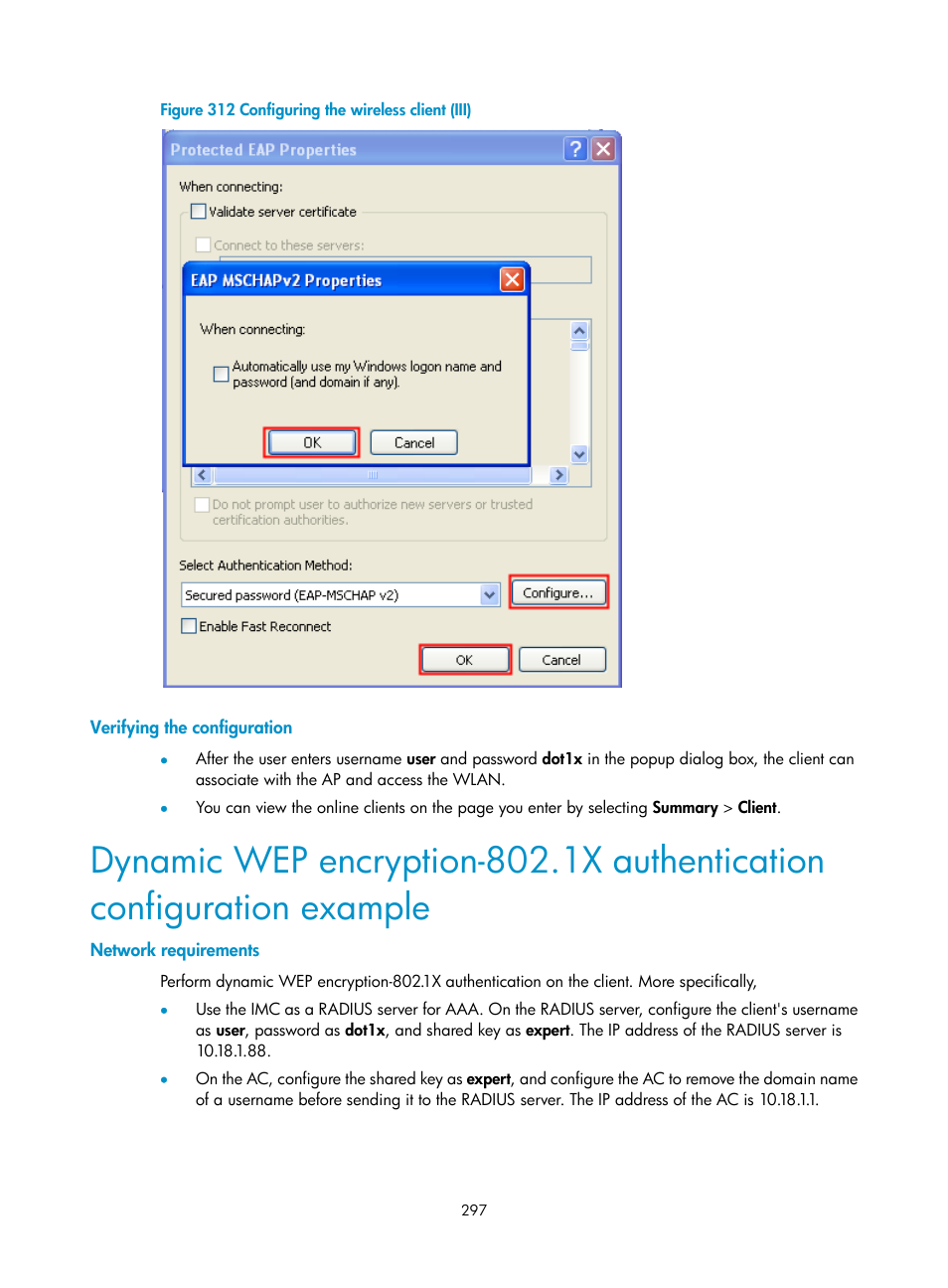 Verifying the configuration, Network requirements | H3C Technologies H3C WX3000E Series Wireless Switches User Manual | Page 313 / 640