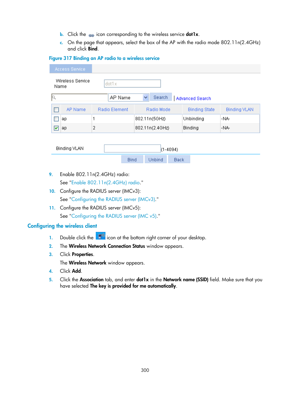 Configuring the wireless client | H3C Technologies H3C WX3000E Series Wireless Switches User Manual | Page 316 / 640