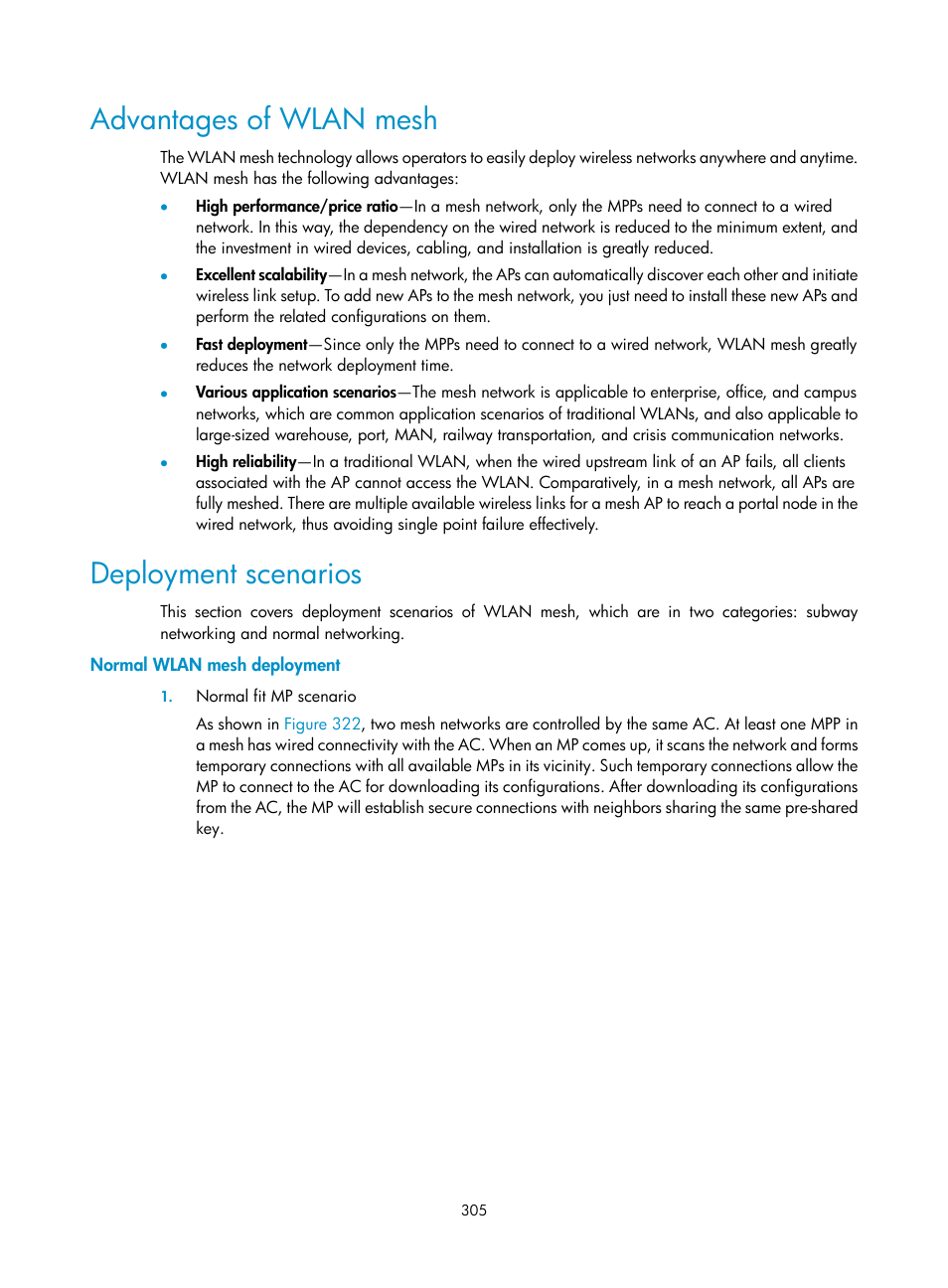 Advantages of wlan mesh, Deployment scenarios, Normal wlan mesh deployment | H3C Technologies H3C WX3000E Series Wireless Switches User Manual | Page 321 / 640