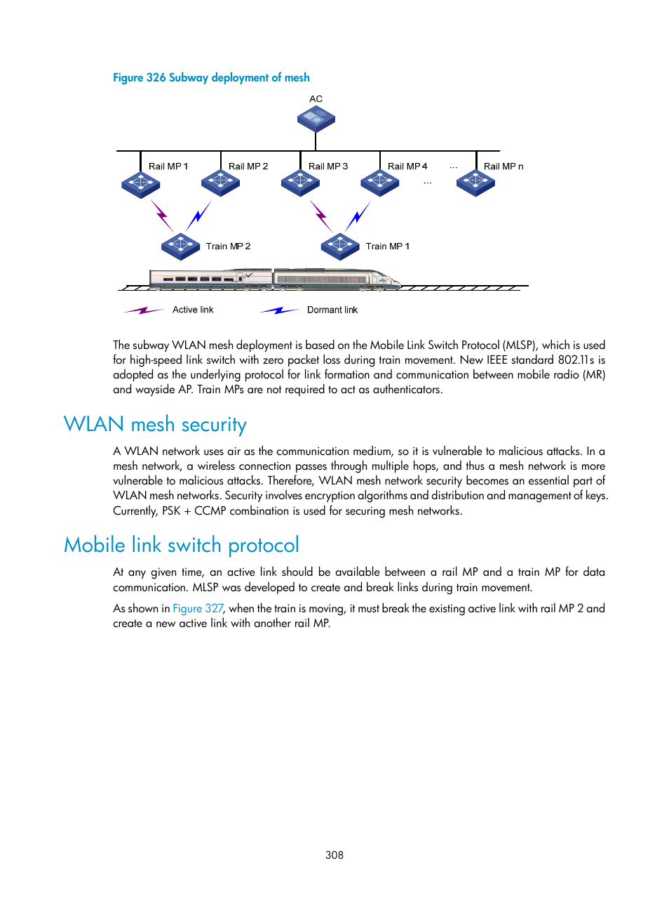Wlan mesh security, Mobile link switch protocol, N in | Figure 326 | H3C Technologies H3C WX3000E Series Wireless Switches User Manual | Page 324 / 640
