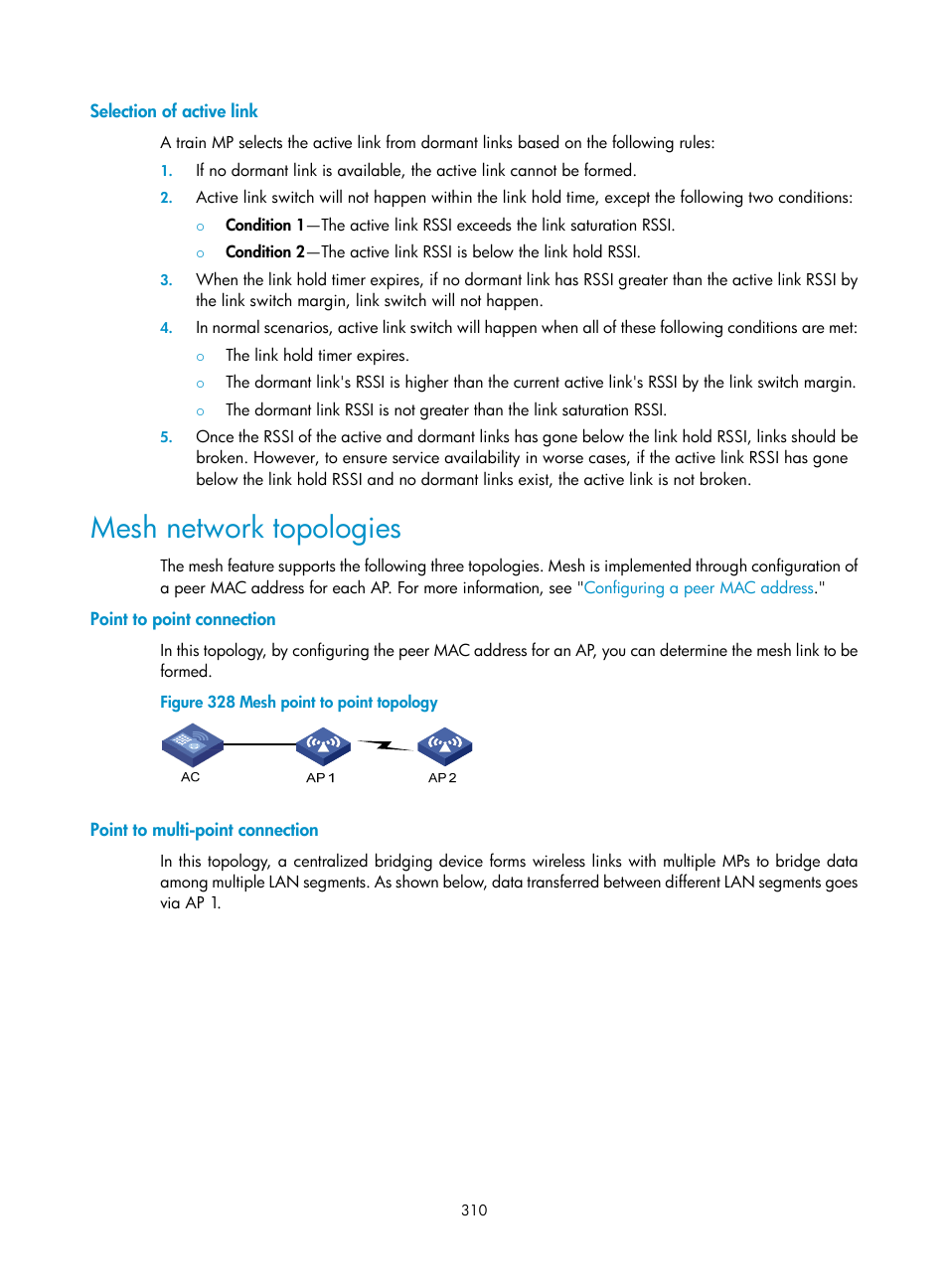 Selection of active link, Mesh network topologies, Point to point connection | Point to multi-point connection | H3C Technologies H3C WX3000E Series Wireless Switches User Manual | Page 326 / 640