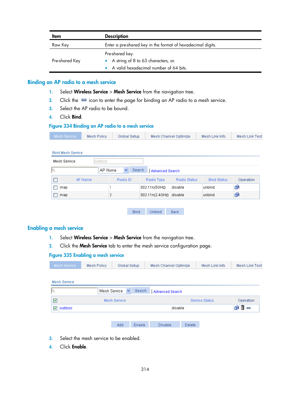 Binding an ap radio to a mesh service, Enabling a mesh service | H3C Technologies H3C WX3000E Series Wireless Switches User Manual | Page 330 / 640