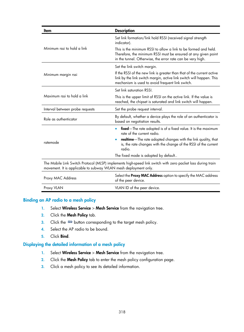 Binding an ap radio to a mesh policy | H3C Technologies H3C WX3000E Series Wireless Switches User Manual | Page 334 / 640