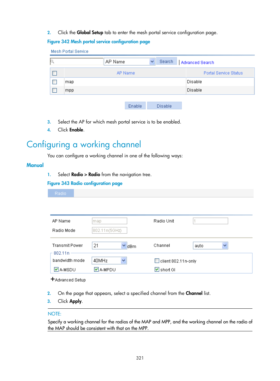 Configuring a working channel, Manual | H3C Technologies H3C WX3000E Series Wireless Switches User Manual | Page 337 / 640