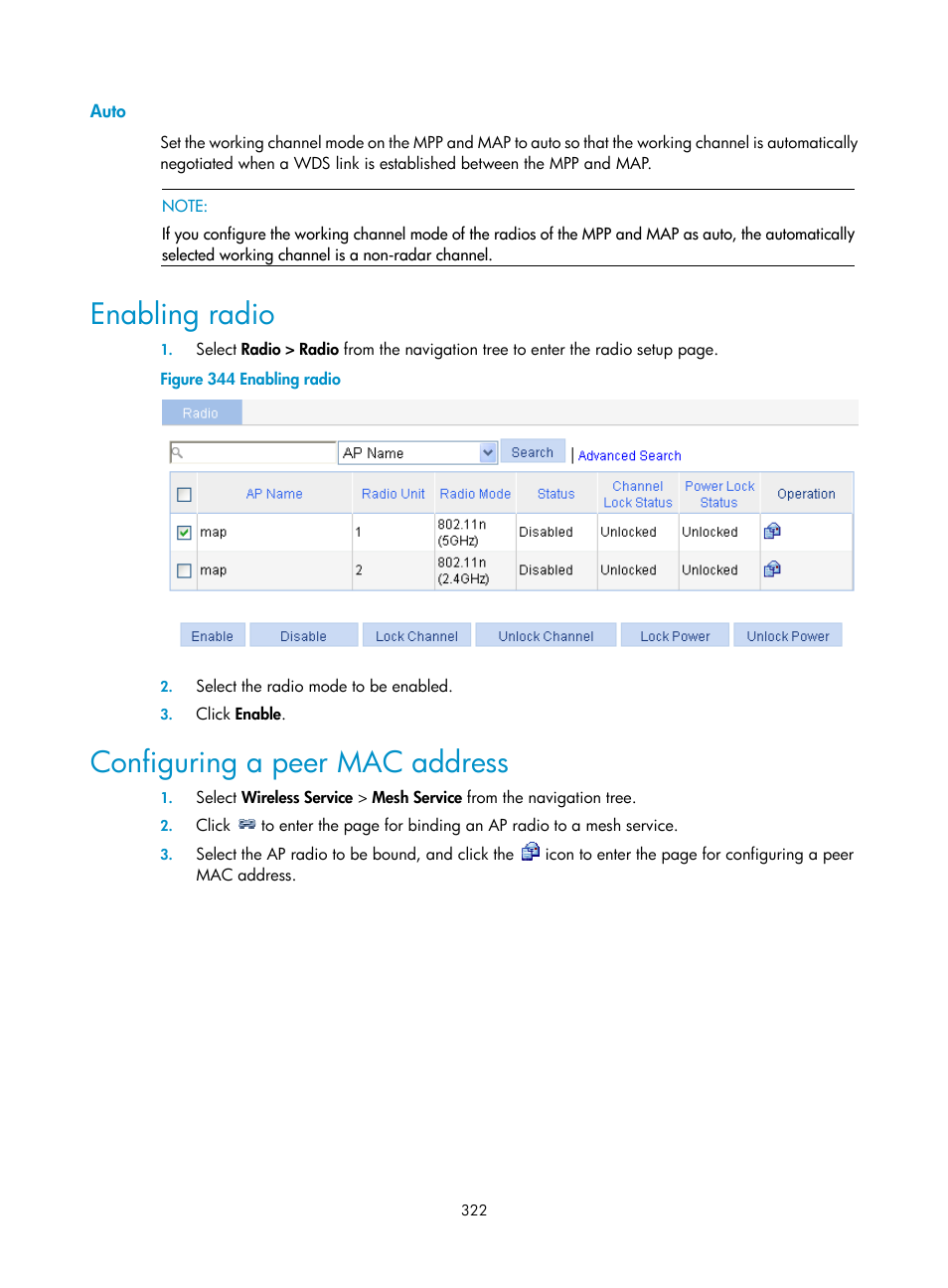 Auto, Enabling radio, Configuring a peer mac address | H3C Technologies H3C WX3000E Series Wireless Switches User Manual | Page 338 / 640