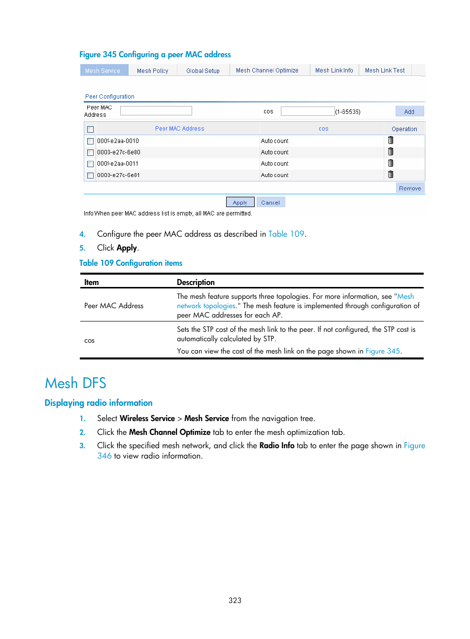 Mesh dfs, Displaying radio information | H3C Technologies H3C WX3000E Series Wireless Switches User Manual | Page 339 / 640