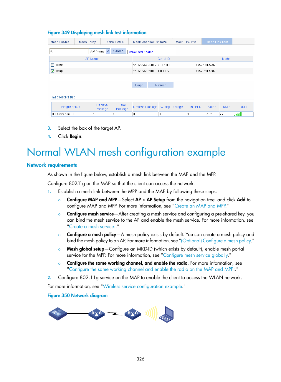 Normal wlan mesh configuration example, Network requirements | H3C Technologies H3C WX3000E Series Wireless Switches User Manual | Page 342 / 640