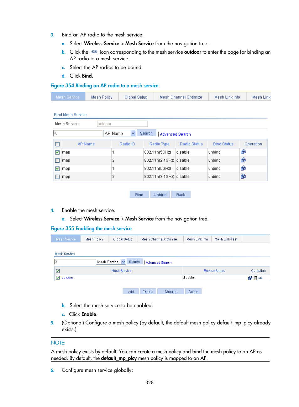 Optional) configure a mesh policy, Configure mesh service globally | H3C Technologies H3C WX3000E Series Wireless Switches User Manual | Page 344 / 640