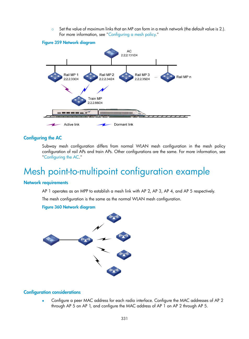 Configuring the ac, Mesh point-to-multipoint configuration example, Network requirements | Configuration considerations, Figure 359, All r | H3C Technologies H3C WX3000E Series Wireless Switches User Manual | Page 347 / 640