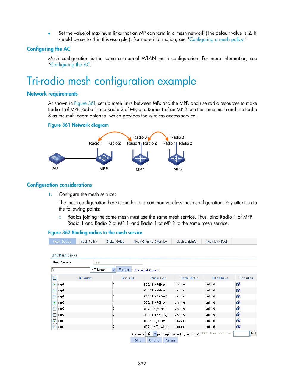 Configuring the ac, Tri-radio mesh configuration example, Network requirements | Configuration considerations | H3C Technologies H3C WX3000E Series Wireless Switches User Manual | Page 348 / 640