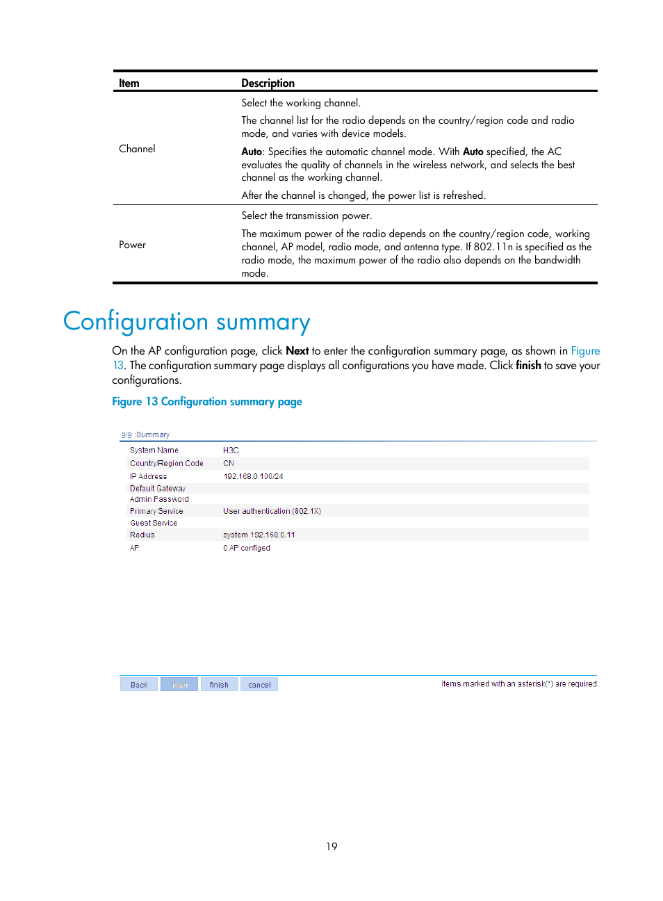Configuration summary | H3C Technologies H3C WX3000E Series Wireless Switches User Manual | Page 35 / 640