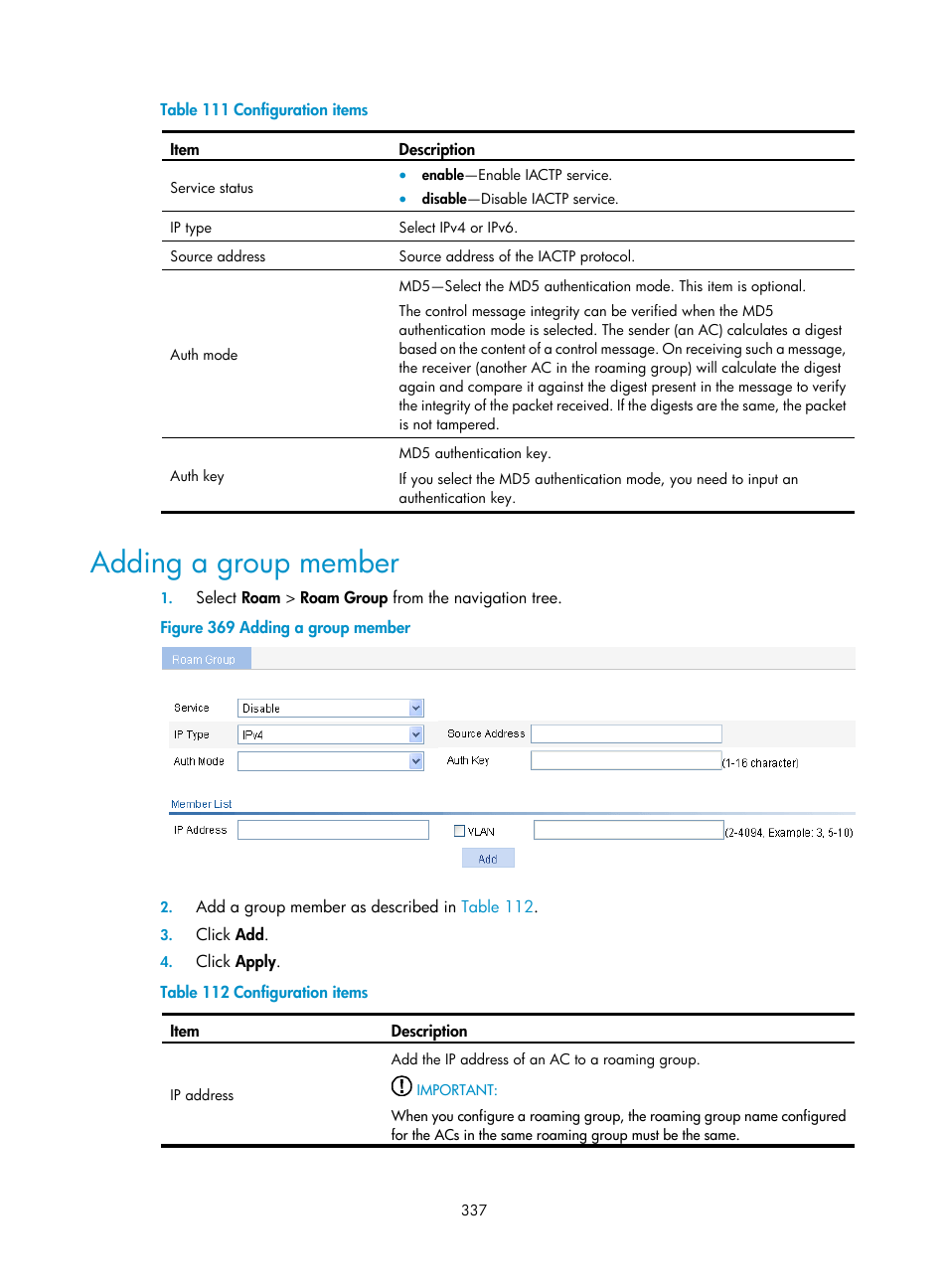 Adding a group member, D in, Table 111 | H3C Technologies H3C WX3000E Series Wireless Switches User Manual | Page 353 / 640