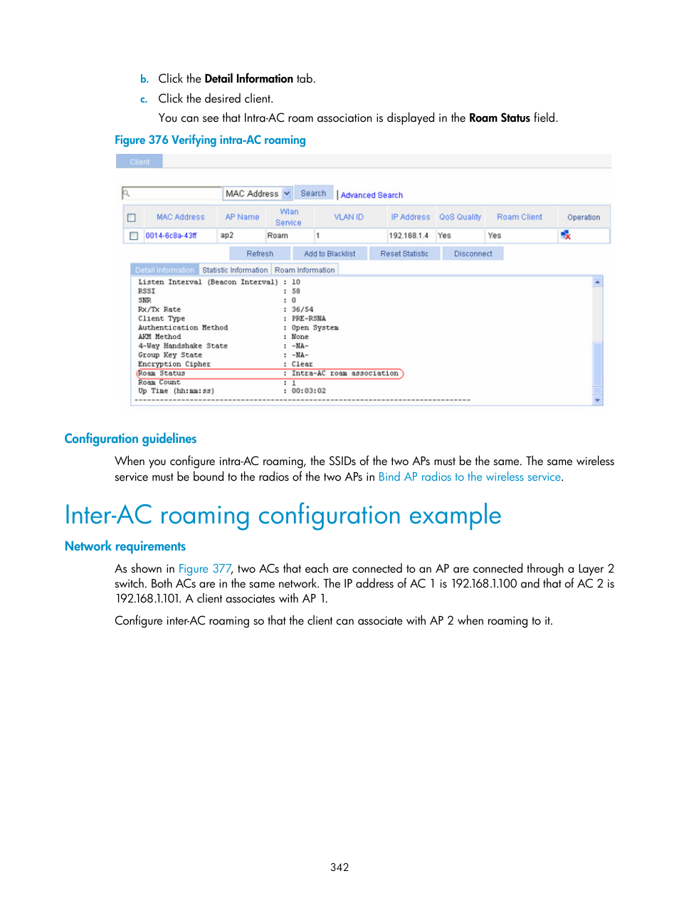 Configuration guidelines, Inter-ac roaming configuration example, Network requirements | Inter-ac roaming, see | H3C Technologies H3C WX3000E Series Wireless Switches User Manual | Page 358 / 640