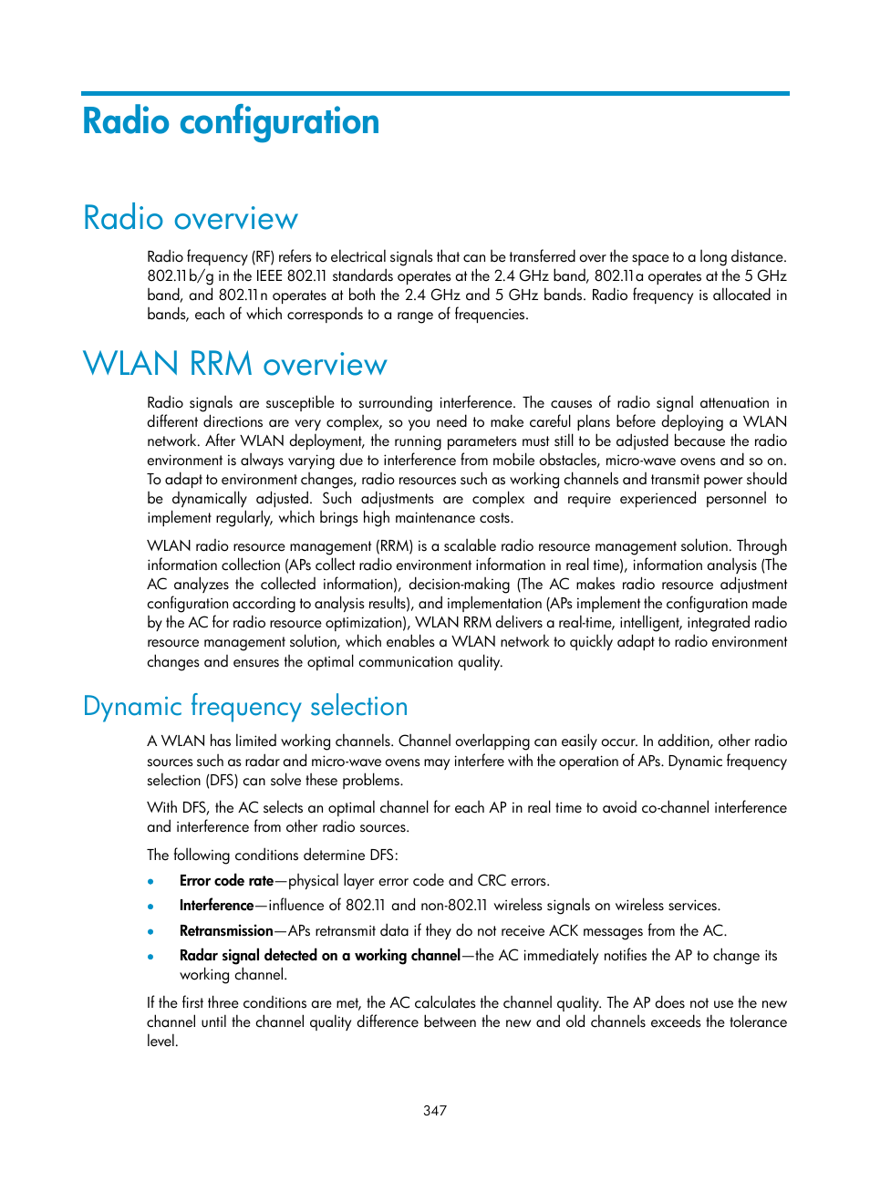 Radio configuration, Radio overview, Wlan rrm overview | Dynamic frequency selection | H3C Technologies H3C WX3000E Series Wireless Switches User Manual | Page 363 / 640