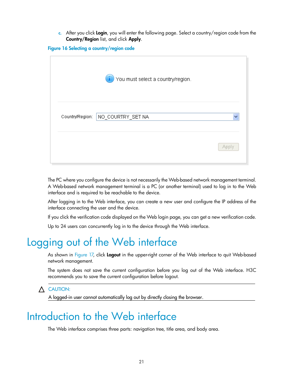 Logging out of the web interface, Introduction to the web interface | H3C Technologies H3C WX3000E Series Wireless Switches User Manual | Page 37 / 640