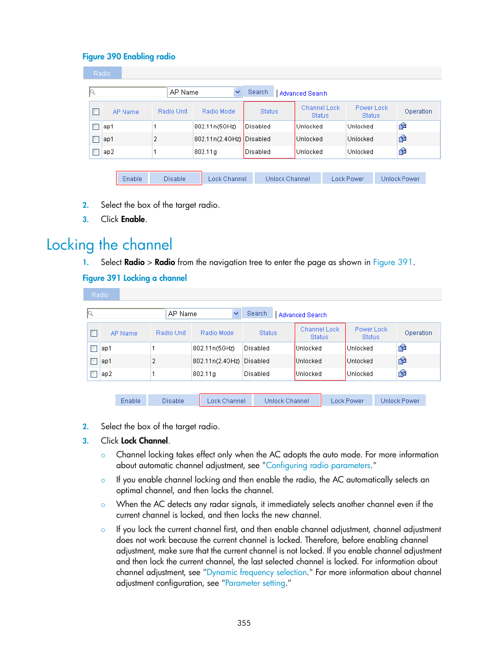 Locking the channel | H3C Technologies H3C WX3000E Series Wireless Switches User Manual | Page 371 / 640