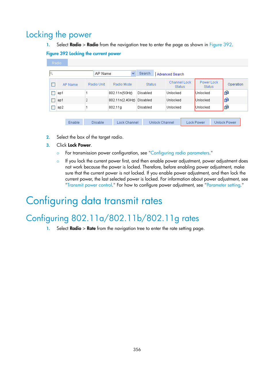 Locking the power, Configuring data transmit rates, Configuring 802.11a/802.11b/802.11g rates | H3C Technologies H3C WX3000E Series Wireless Switches User Manual | Page 372 / 640