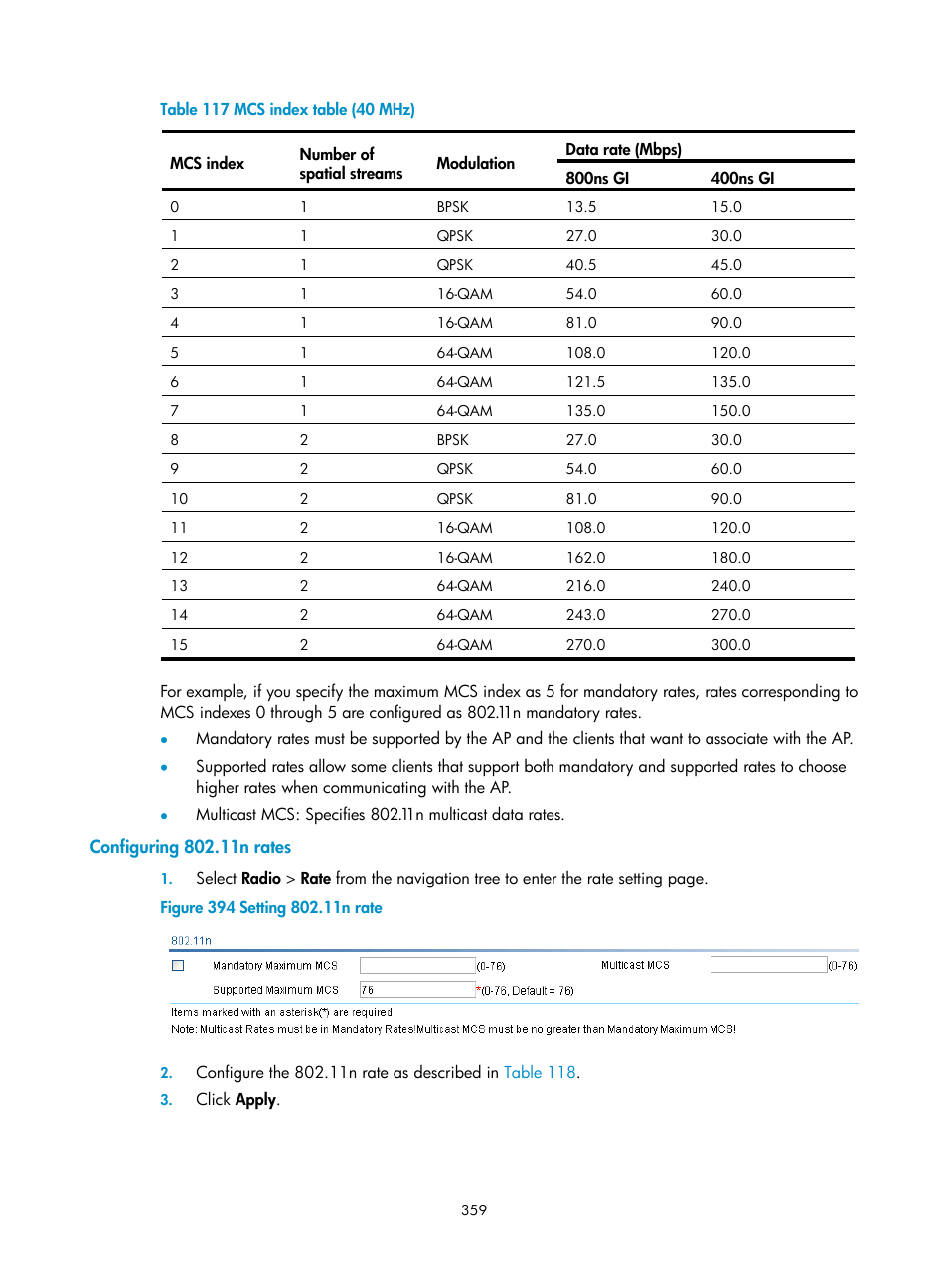 Configuring 802.11n rates, Table 117 | H3C Technologies H3C WX3000E Series Wireless Switches User Manual | Page 375 / 640