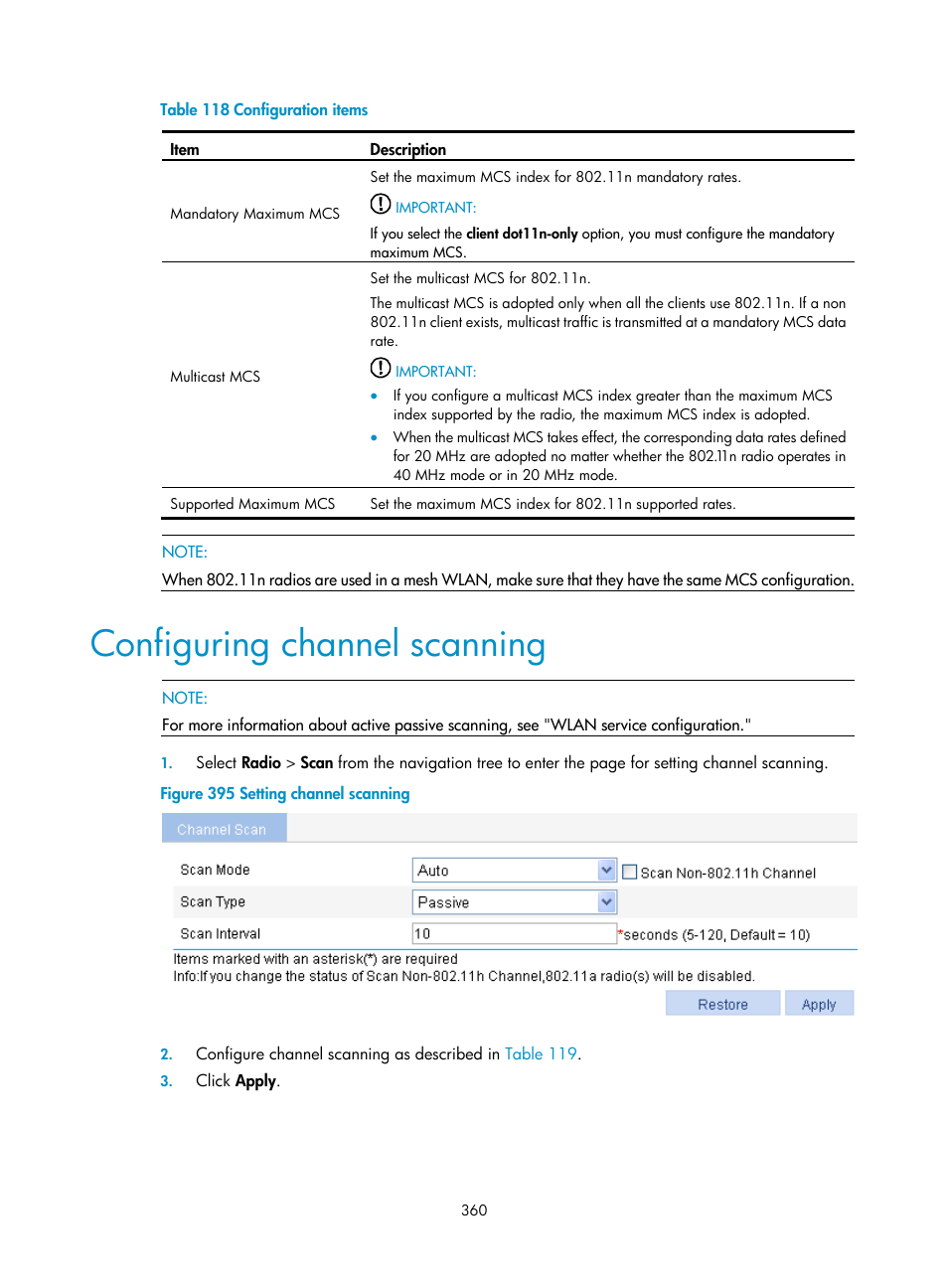 Configuring channel scanning | H3C Technologies H3C WX3000E Series Wireless Switches User Manual | Page 376 / 640