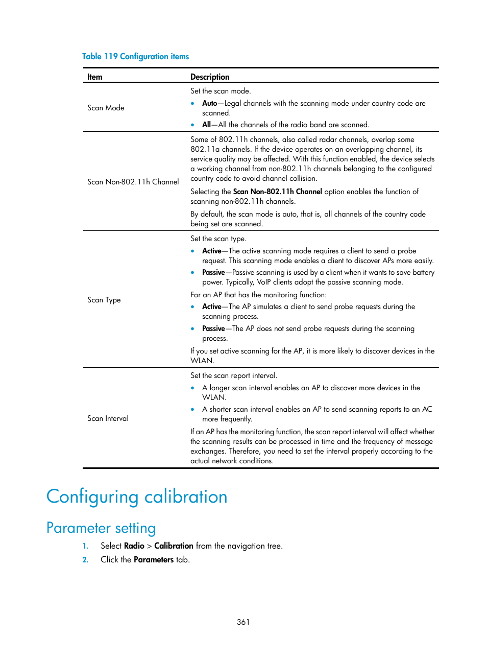 Configuring calibration, Parameter setting | H3C Technologies H3C WX3000E Series Wireless Switches User Manual | Page 377 / 640