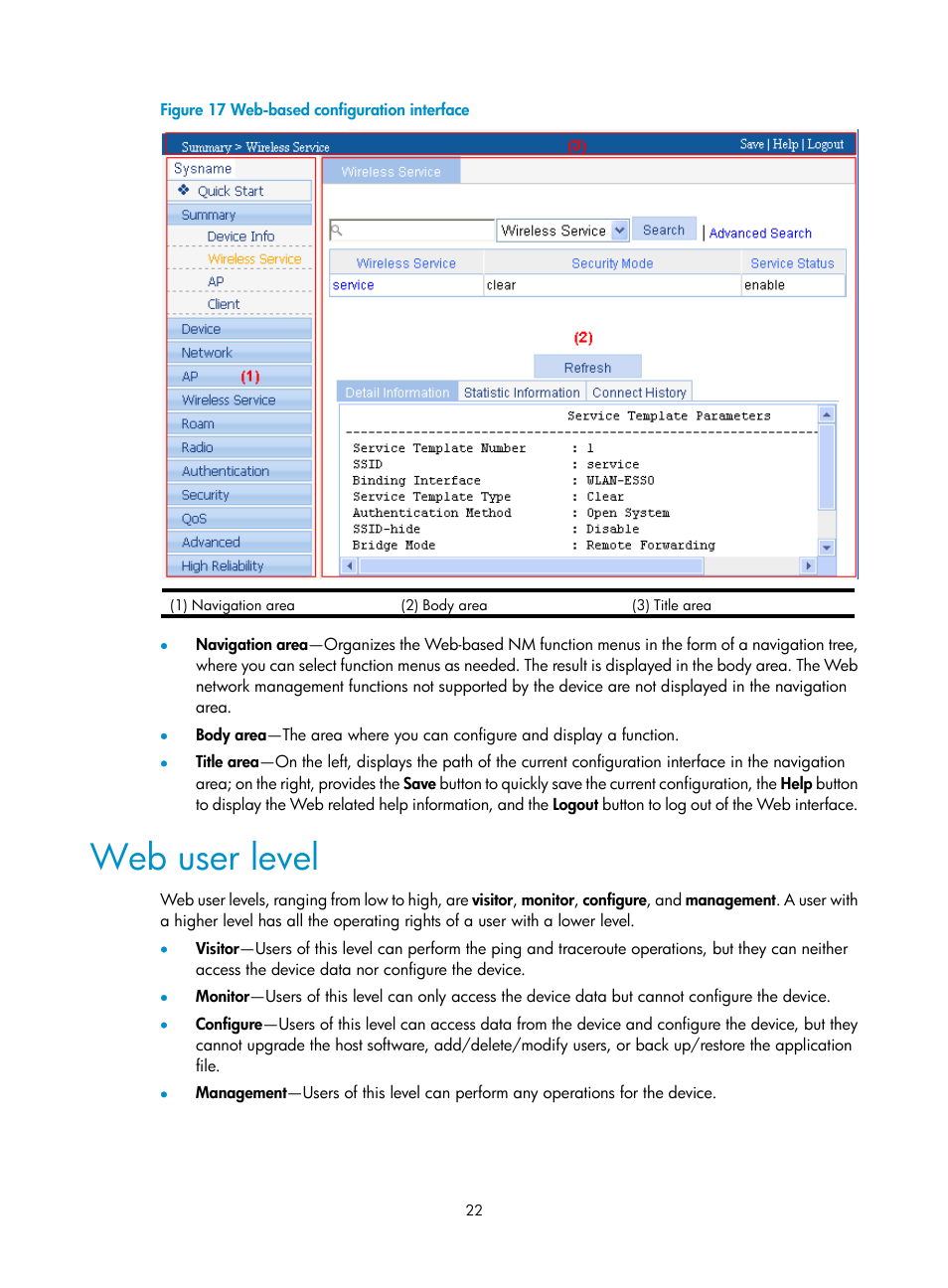 Web user level | H3C Technologies H3C WX3000E Series Wireless Switches User Manual | Page 38 / 640