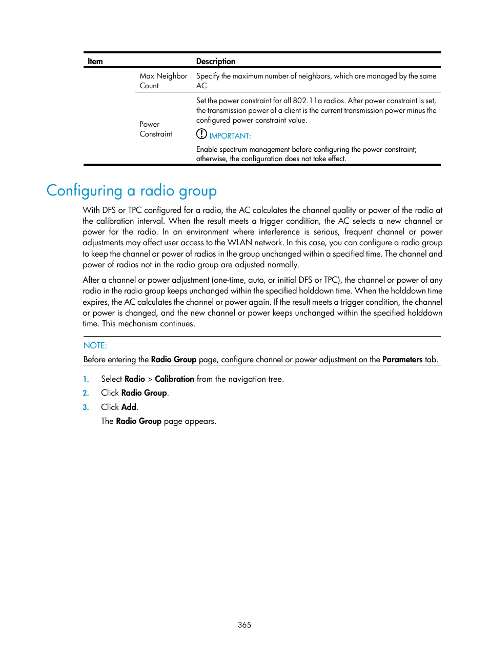 Configuring a radio group | H3C Technologies H3C WX3000E Series Wireless Switches User Manual | Page 381 / 640