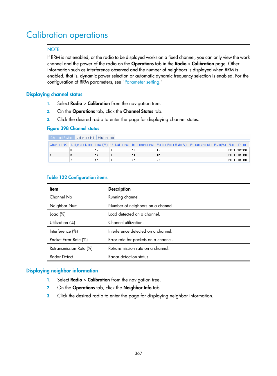 Calibration operations, Displaying channel status, Displaying neighbor information | H3C Technologies H3C WX3000E Series Wireless Switches User Manual | Page 383 / 640
