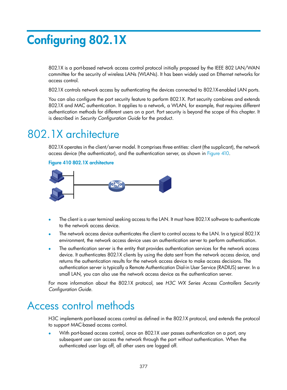 Configuring 802.1x, 1x architecture, Access control methods | H3C Technologies H3C WX3000E Series Wireless Switches User Manual | Page 393 / 640