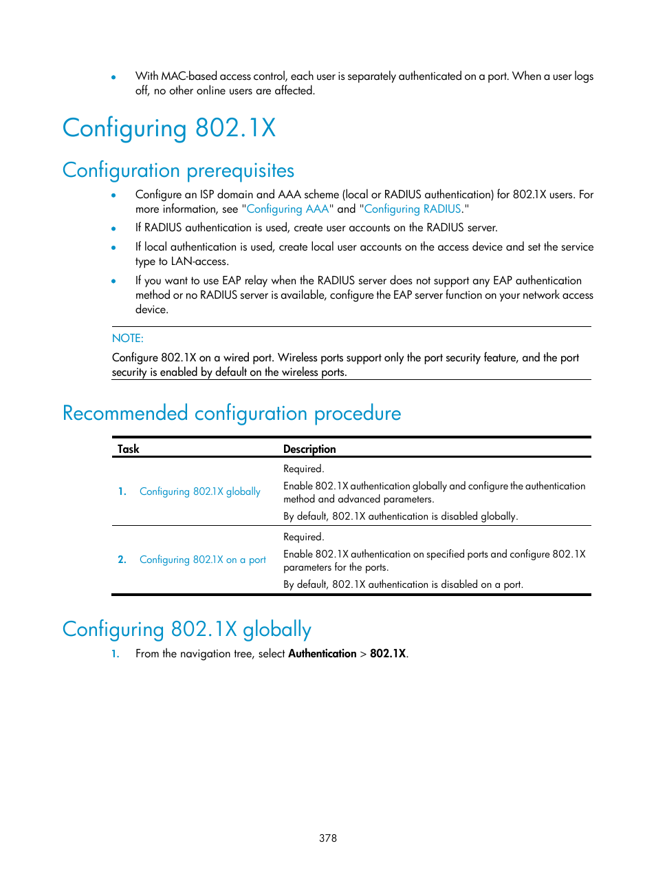 Configuring 802.1x, Configuration prerequisites, Recommended configuration procedure | Configuring 802.1x globally | H3C Technologies H3C WX3000E Series Wireless Switches User Manual | Page 394 / 640