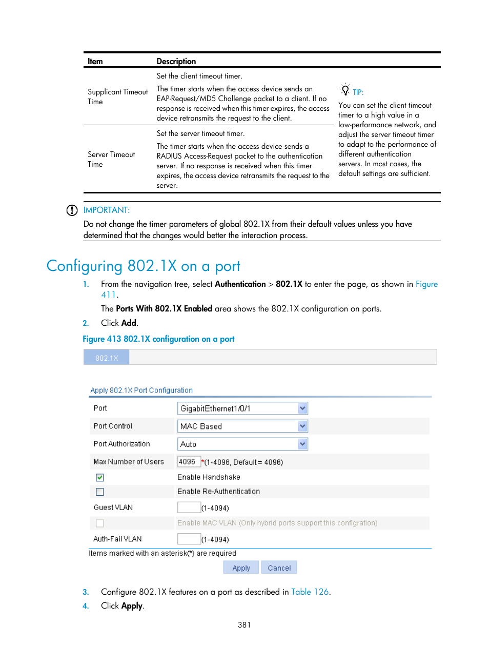 Configuring 802.1x on a port, Function, see | H3C Technologies H3C WX3000E Series Wireless Switches User Manual | Page 397 / 640