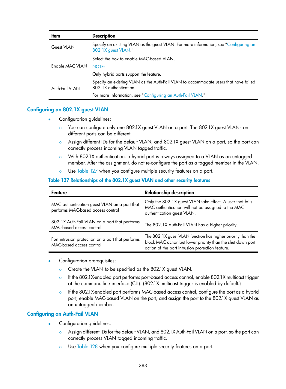 Configuring an 802.1x guest vlan, Configuring an auth-fail vlan | H3C Technologies H3C WX3000E Series Wireless Switches User Manual | Page 399 / 640