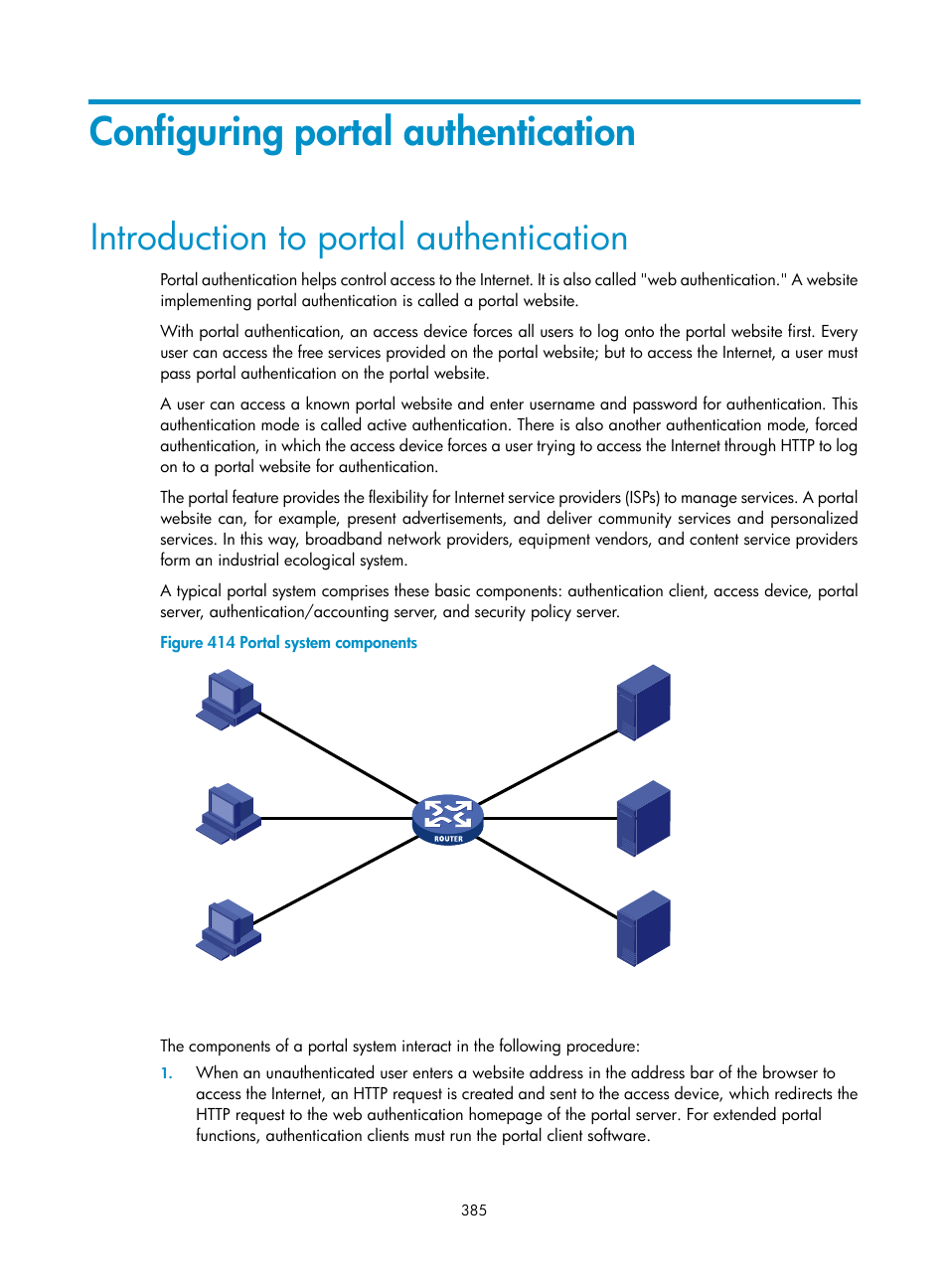Configuring portal authentication, Introduction to portal authentication | H3C Technologies H3C WX3000E Series Wireless Switches User Manual | Page 401 / 640