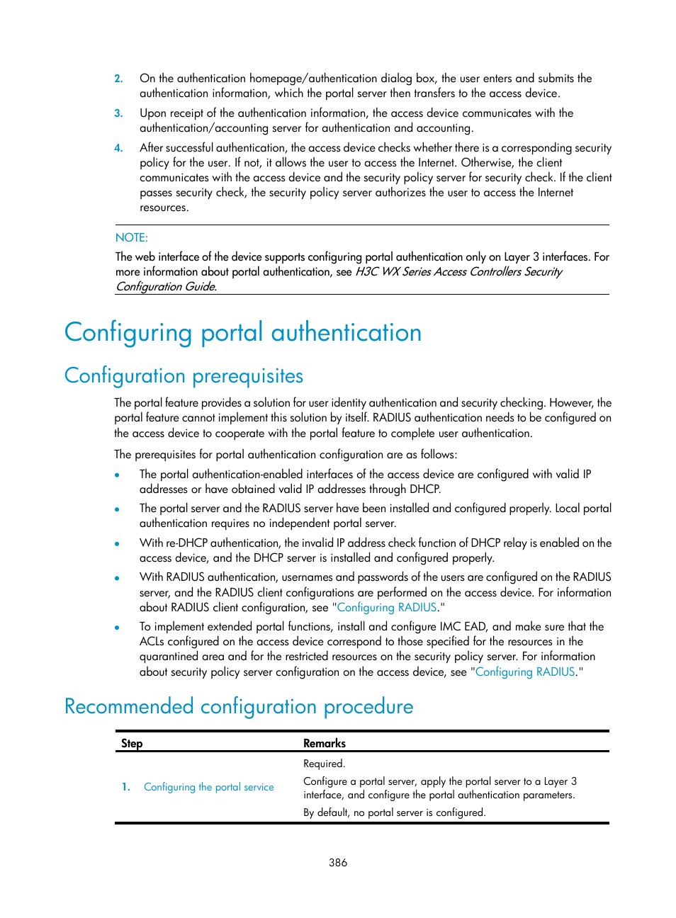 Configuring portal authentication, Configuration prerequisites, Recommended configuration procedure | H3C Technologies H3C WX3000E Series Wireless Switches User Manual | Page 402 / 640