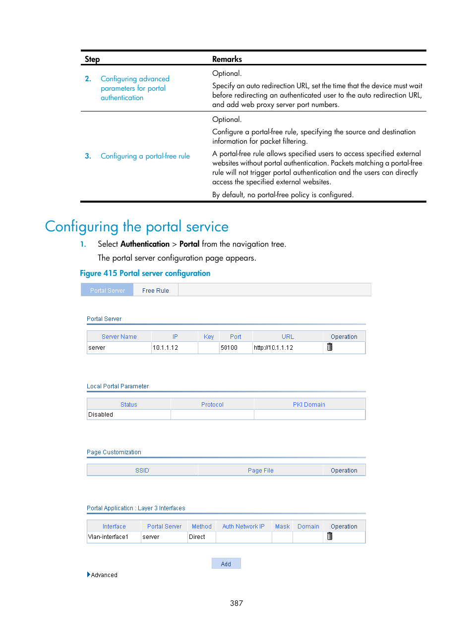 Configuring the portal service | H3C Technologies H3C WX3000E Series Wireless Switches User Manual | Page 403 / 640