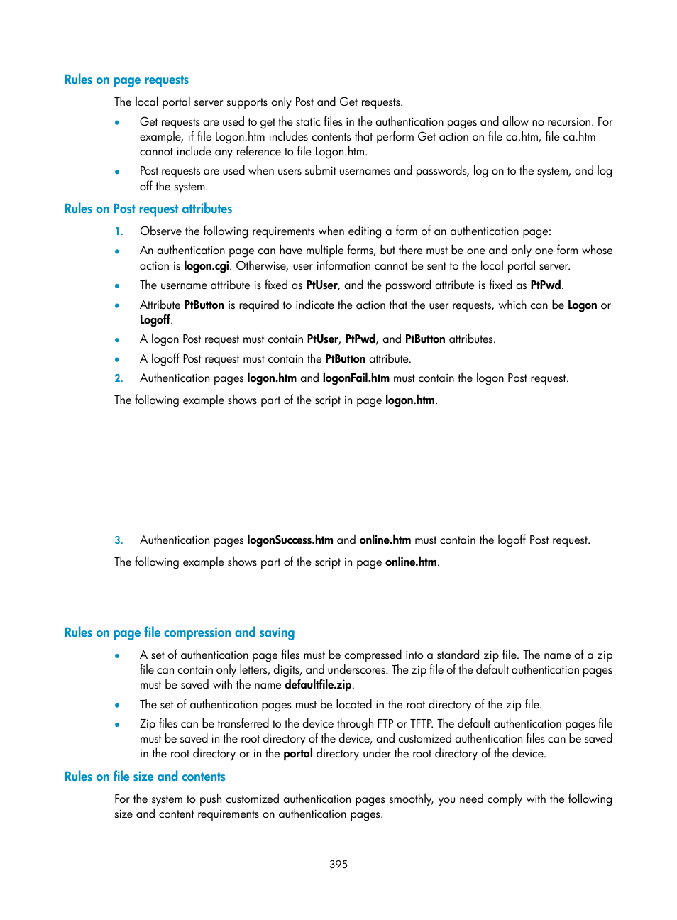 Rules on post request attributes, Rules on file size and contents | H3C Technologies H3C WX3000E Series Wireless Switches User Manual | Page 411 / 640