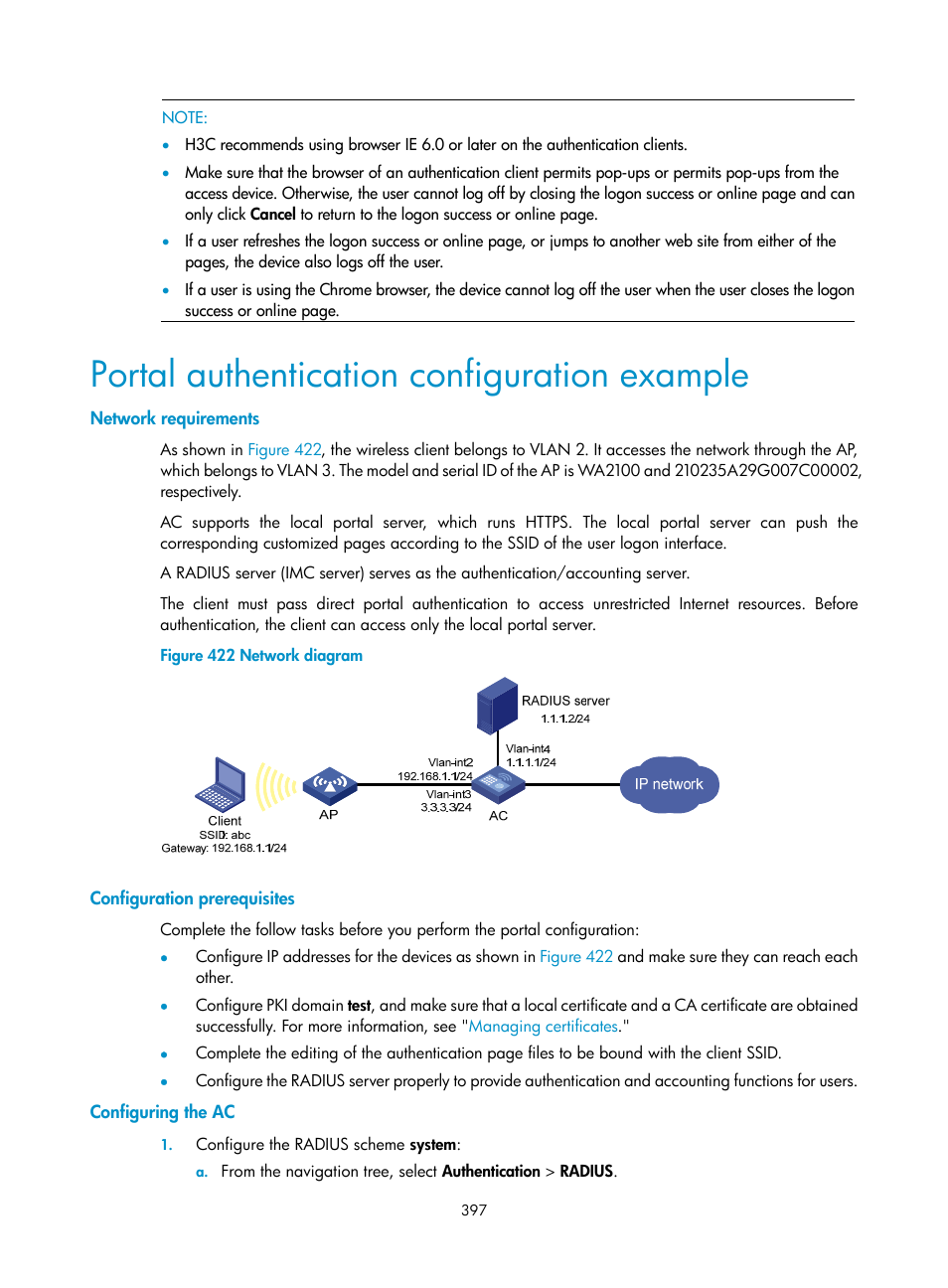 Portal authentication configuration example, Network requirements, Configuration prerequisites | Configuring the ac | H3C Technologies H3C WX3000E Series Wireless Switches User Manual | Page 413 / 640