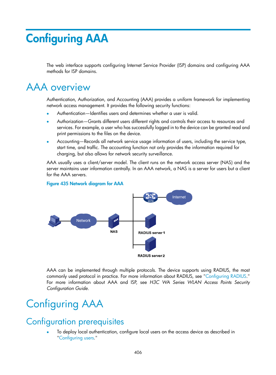 Configuring aaa, Aaa overview, Configuration prerequisites | H3C Technologies H3C WX3000E Series Wireless Switches User Manual | Page 422 / 640