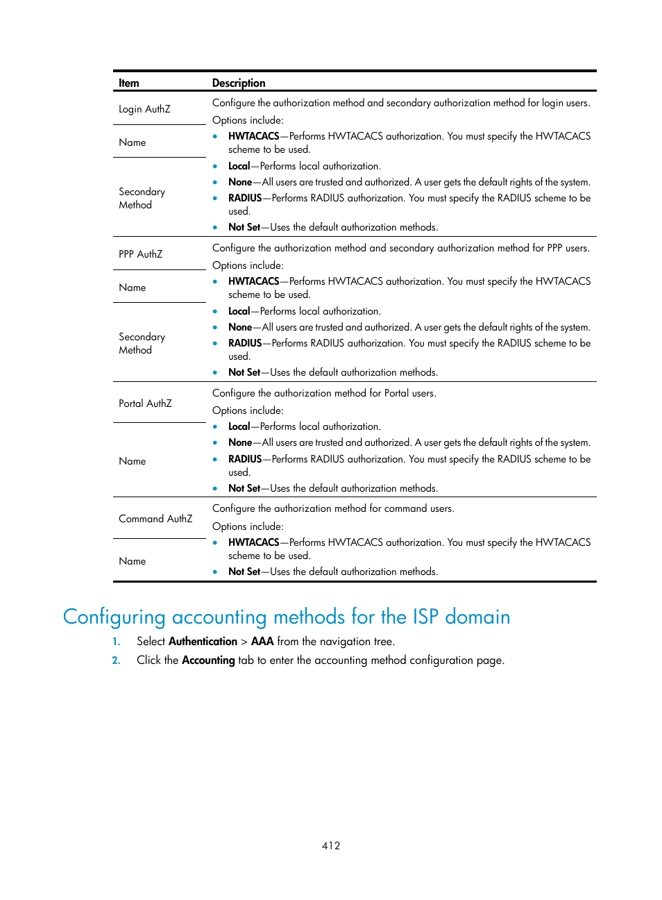 Configuring accounting methods for the isp domain, Configuring, Accounting methods | For the isp domain | H3C Technologies H3C WX3000E Series Wireless Switches User Manual | Page 428 / 640