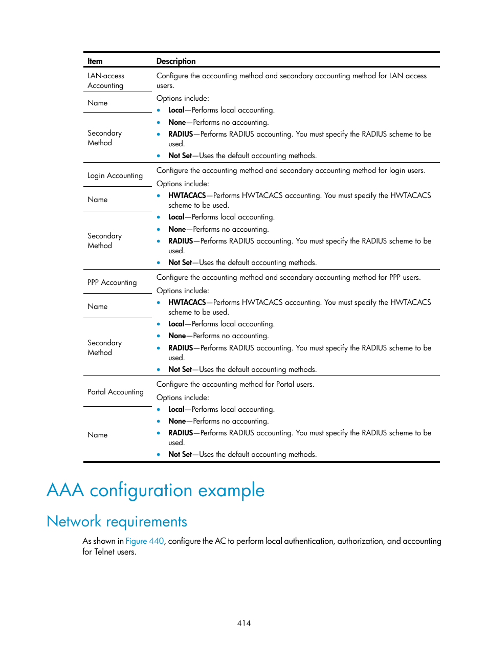 Aaa configuration example, Network requirements | H3C Technologies H3C WX3000E Series Wireless Switches User Manual | Page 430 / 640