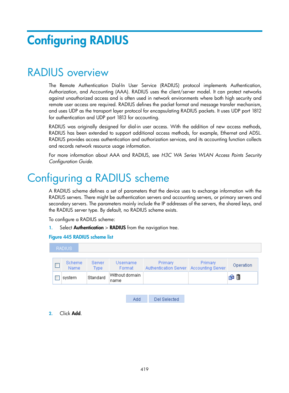 Configuring radius, Radius overview, Configuring a radius scheme | H3C Technologies H3C WX3000E Series Wireless Switches User Manual | Page 435 / 640