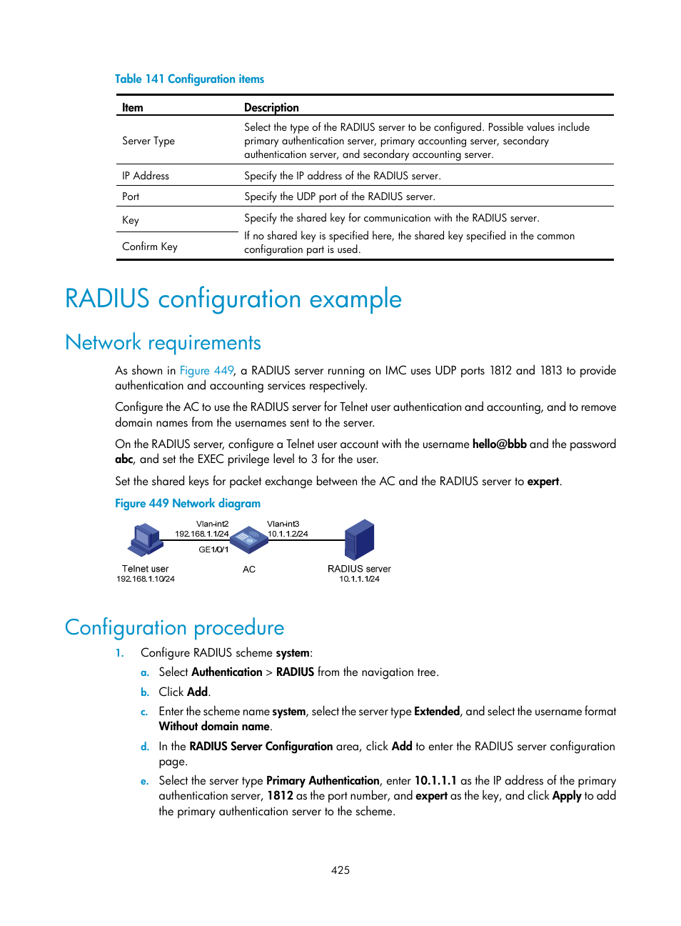 Radius configuration example, Network requirements, Configuration procedure | H3C Technologies H3C WX3000E Series Wireless Switches User Manual | Page 441 / 640