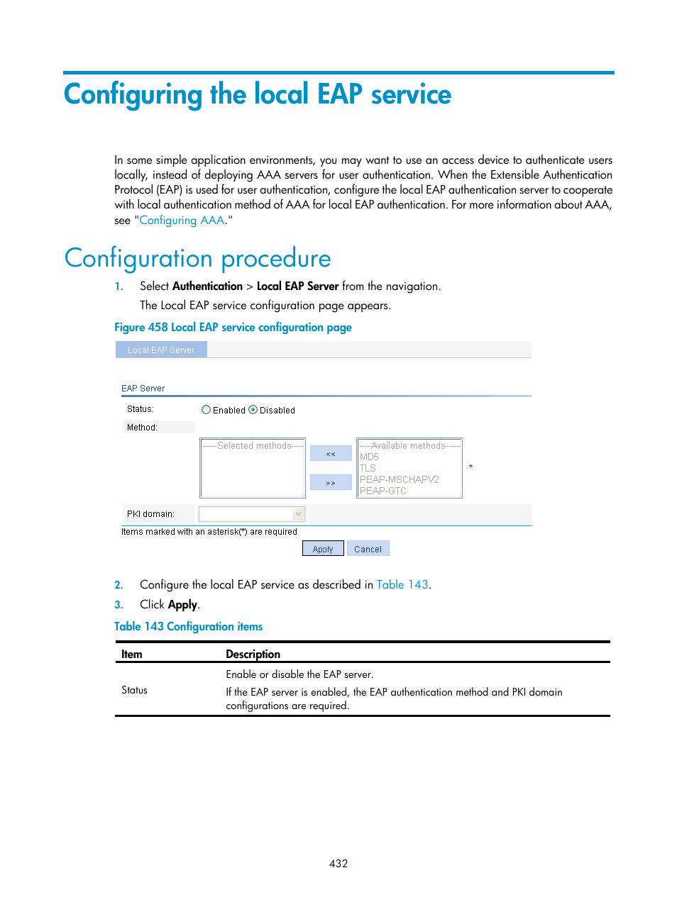Configuring the local eap service, Configuration procedure | H3C Technologies H3C WX3000E Series Wireless Switches User Manual | Page 448 / 640