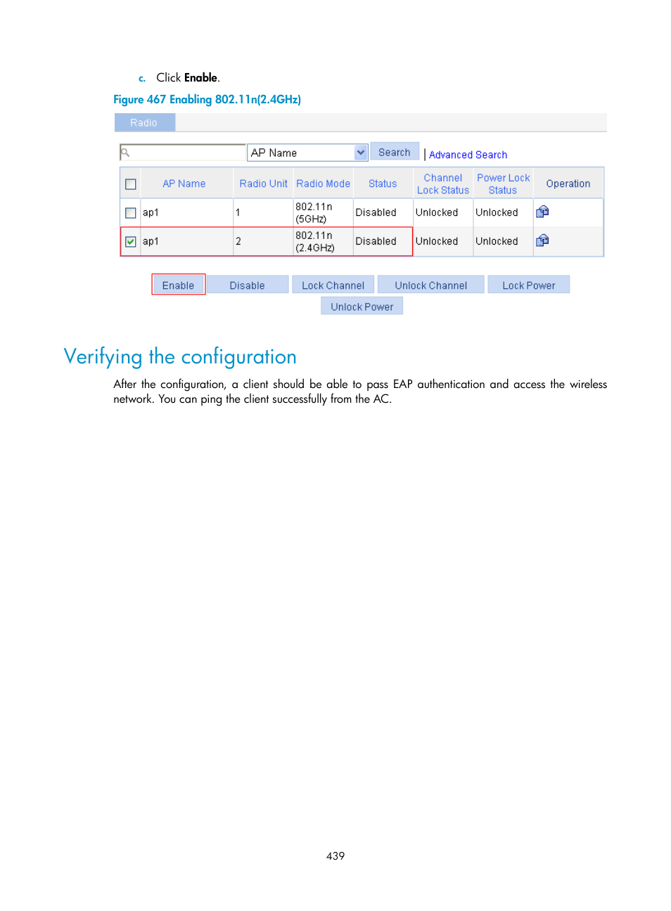 Verifying the configuration | H3C Technologies H3C WX3000E Series Wireless Switches User Manual | Page 455 / 640