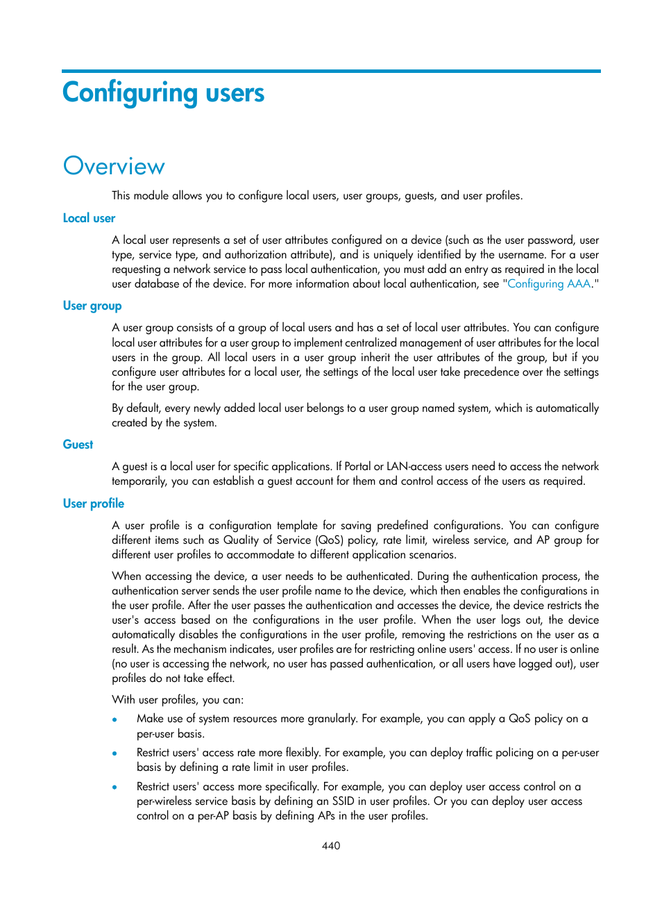 Configuring users, Overview, Local user | User group, Guest, User profile | H3C Technologies H3C WX3000E Series Wireless Switches User Manual | Page 456 / 640