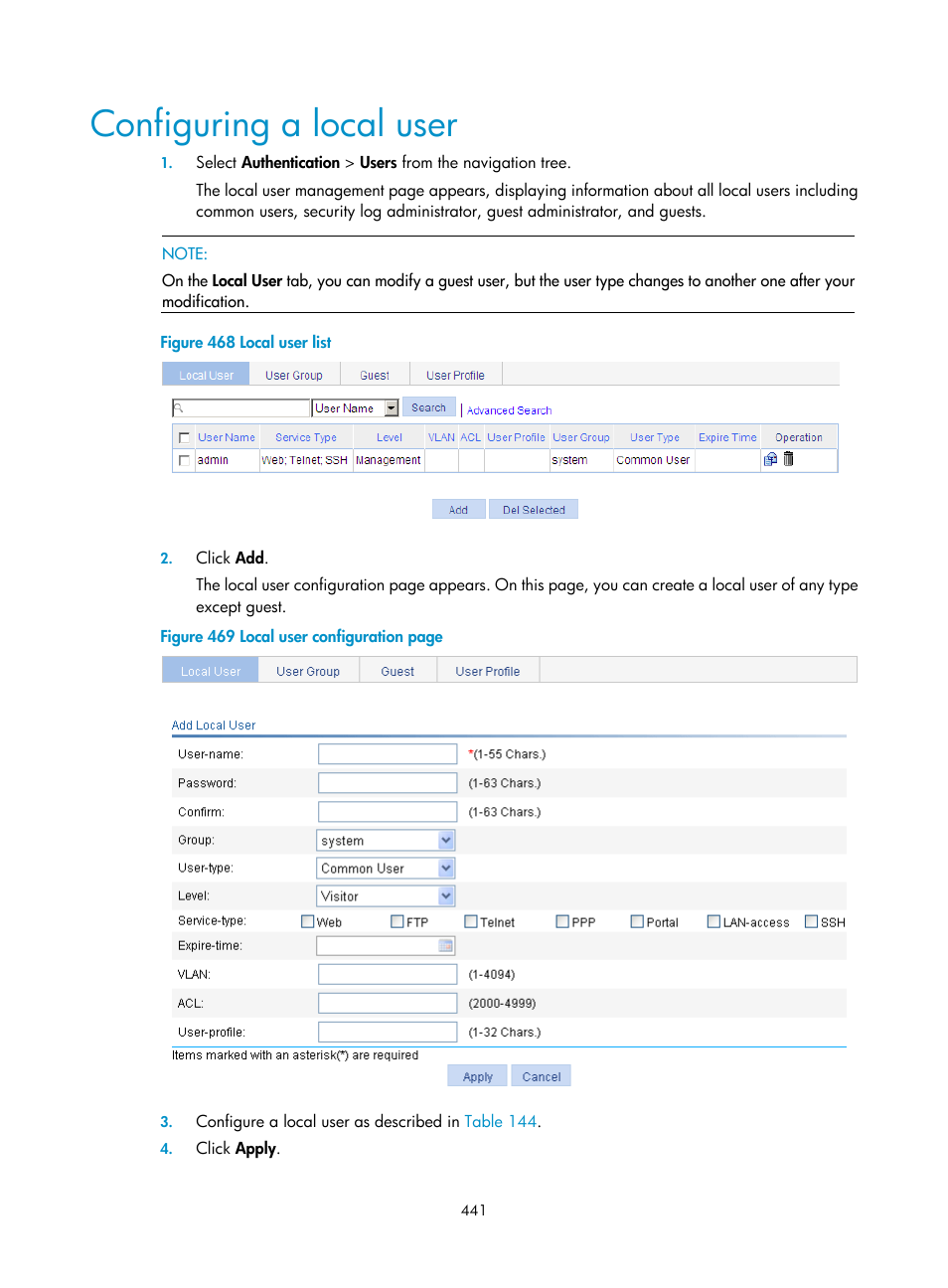 Configuring a local user | H3C Technologies H3C WX3000E Series Wireless Switches User Manual | Page 457 / 640